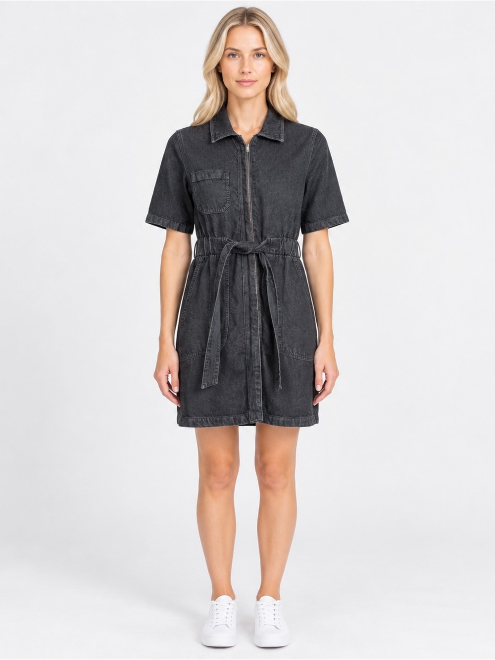French Connection Rodetta Denim Dress Black Size 4 Belted Tie Waist Mini Skirt